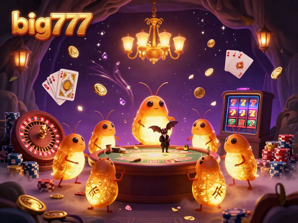 Delight in the vibrant big777 casino scene as glowworms illuminate the cave with golden light while coins and gems scatter.