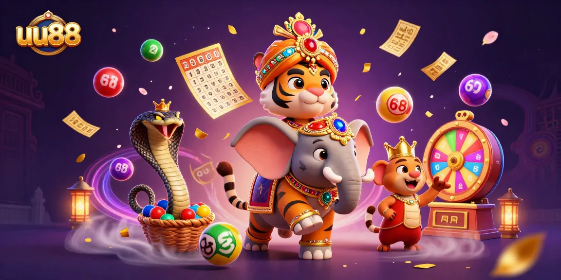 Experience the excitement of uu88 casino with a vibrant, dynamic illustration featuring a majestic maharaja tiger, an elephant, and thrilling lottery elements.