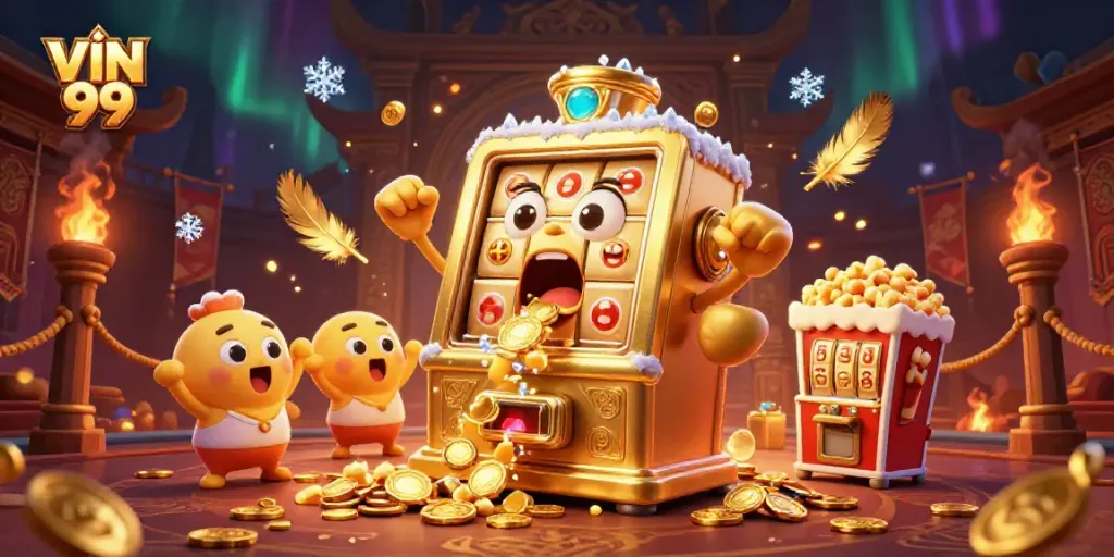 Engaging scene of a slot machine celebrating a win, showcasing excitement and rich casino elements related to VIN 99.