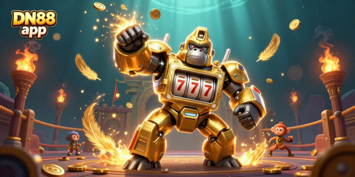 Experience thrilling gaming with DN88 app featuring a dynamic golden gorilla mech and captivating casino elements.