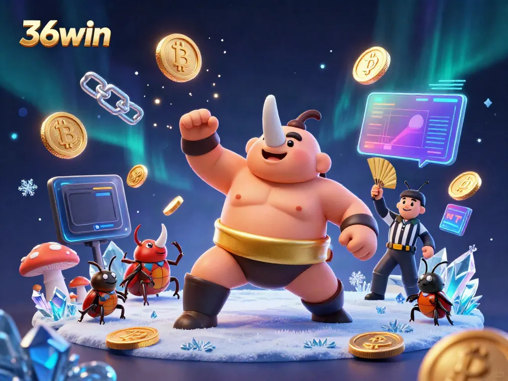 Experience the thrill of 36win with a dynamic scene of a beetle champion and crypto elements.