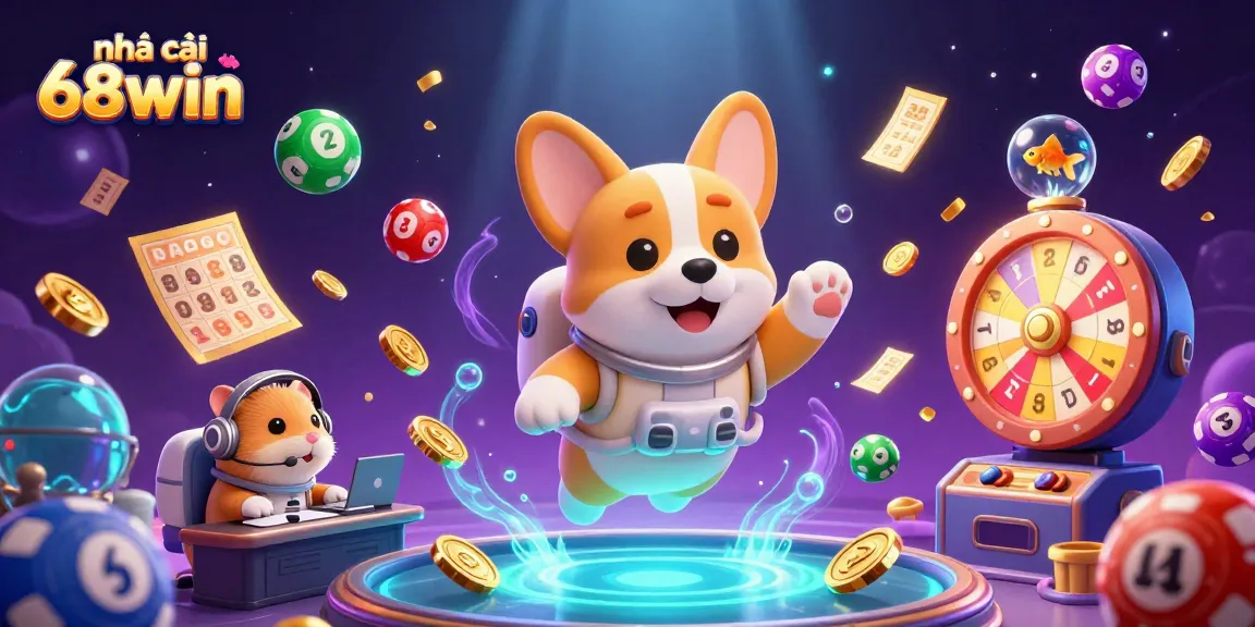 Experience gaming excitement at nhà cái 68win with floating characters and vibrant lottery elements!