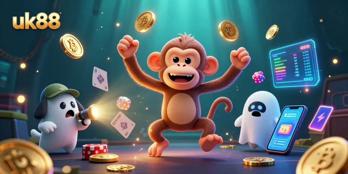 Engage with the spirited uk88 Jackpot casino scene featuring a monkey and a puppy.