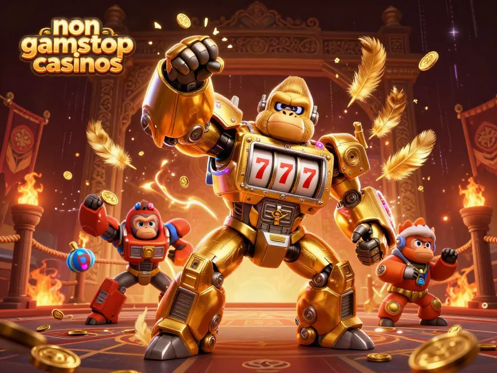 Engage with non gamstop casinos in a rich, 3D dynamic scene featuring a golden gorilla mech and vibrant casino elements.