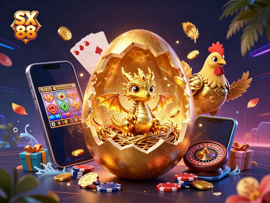 Experience the excitement of SX 88 with a dazzling golden dragon guarding poker chips amidst a vibrant casino atmosphere.