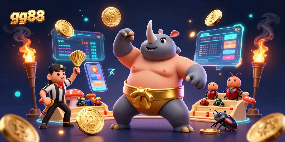 Experience thrilling sports betting action with gg88's dynamic scene of a beetle champion and glowing crypto elements.