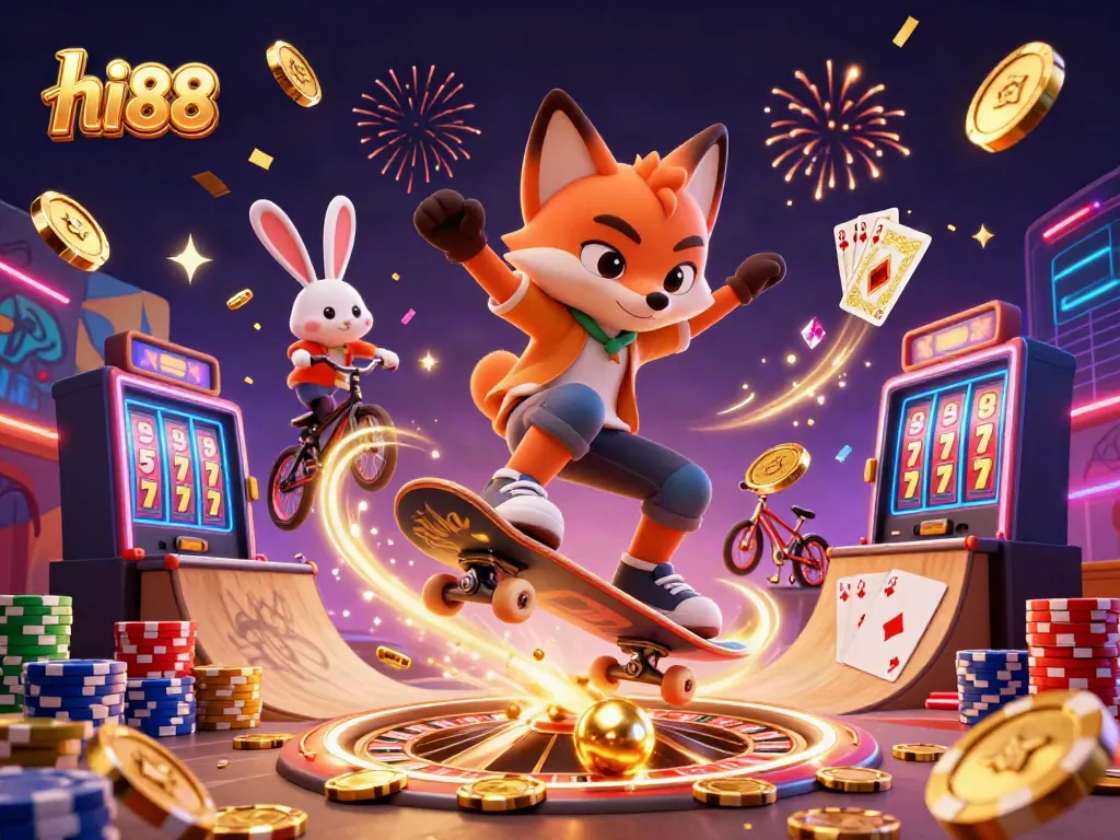 Experience the excitement of hi 88 with a vibrant casino-inspired illustration featuring dynamic characters and game elements.