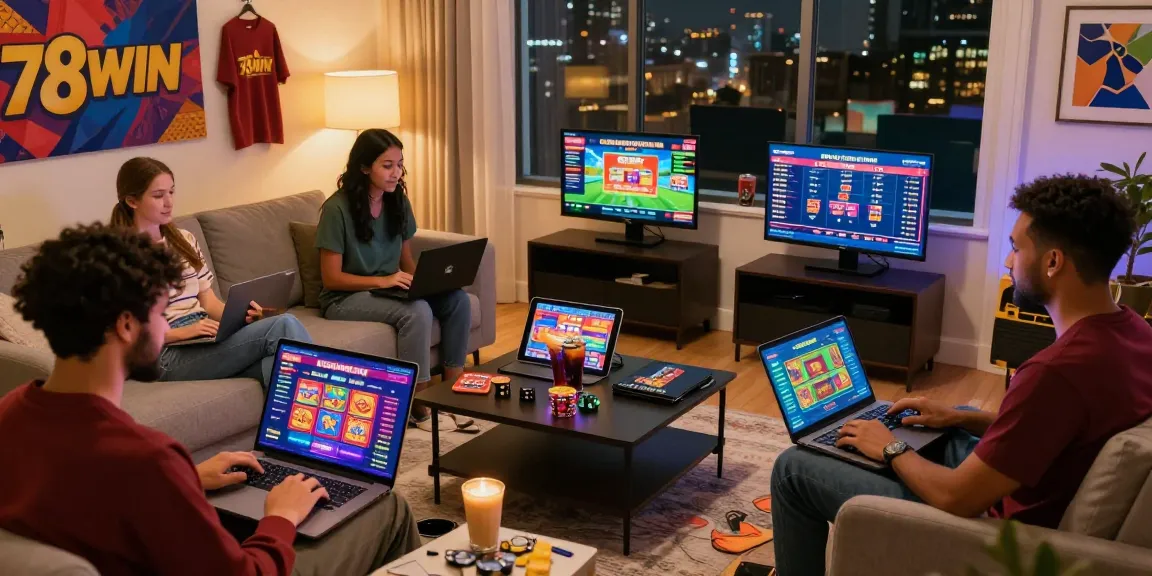 Engaging scene of players enjoying the 78win online gambling platform at home, showcasing vibrant gaming atmosphere.