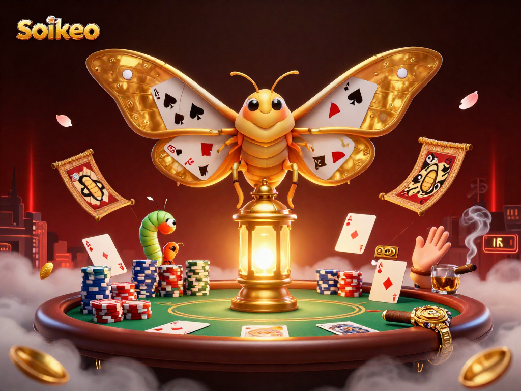 Bet on soikeo with an enchanting 3D casino scene featuring a golden moth, poker elements, and vibrant colors.