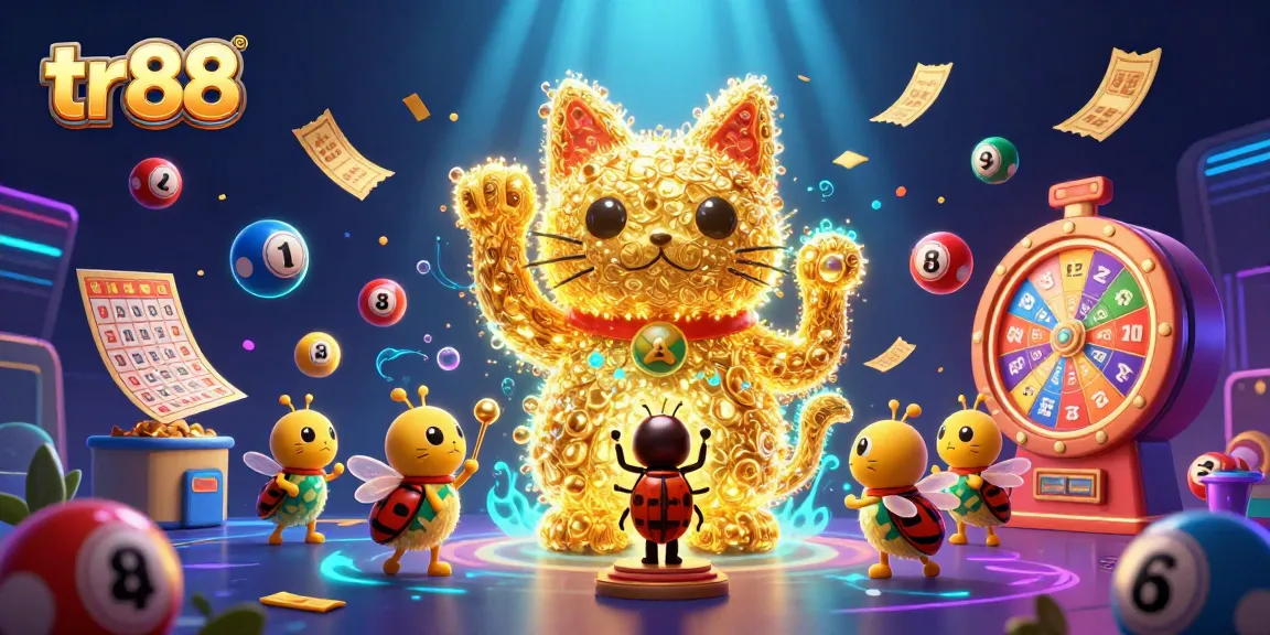 Experience excitement at tr88 with a vibrant casino-themed illustration showcasing a lucky cat and golden symbols.