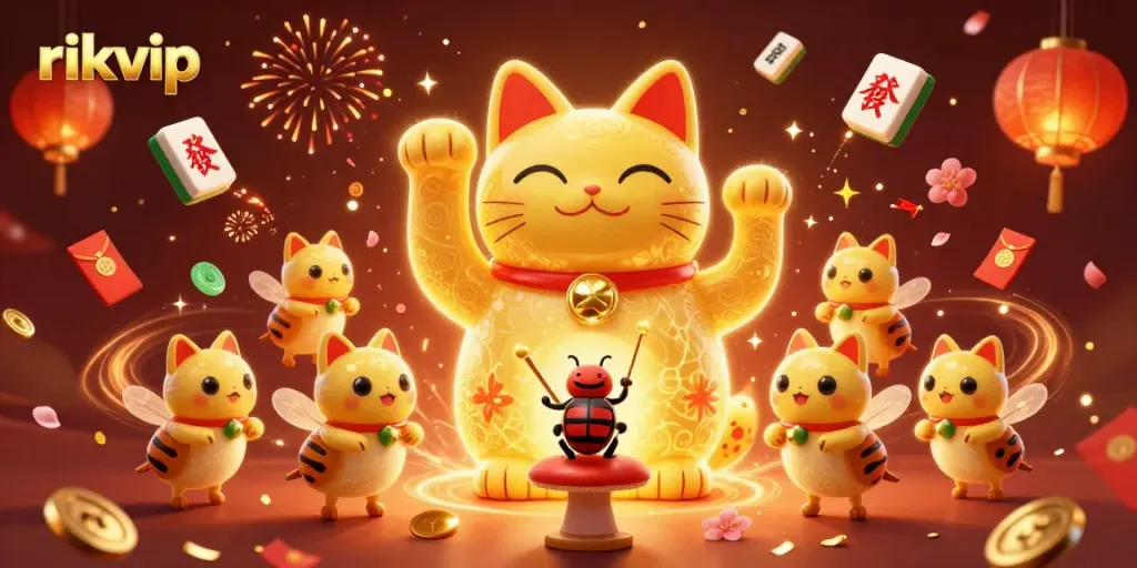 Celebrate with rikvip as golden fireflies form a lucky cat amidst vibrant casino symbols.