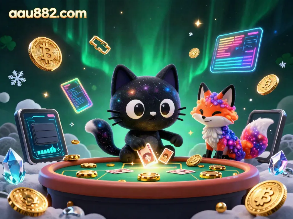 Experience vibrant gameplay at aau882 com with a dynamic cosmic casino scene featuring a black hole cat and nebula fox.