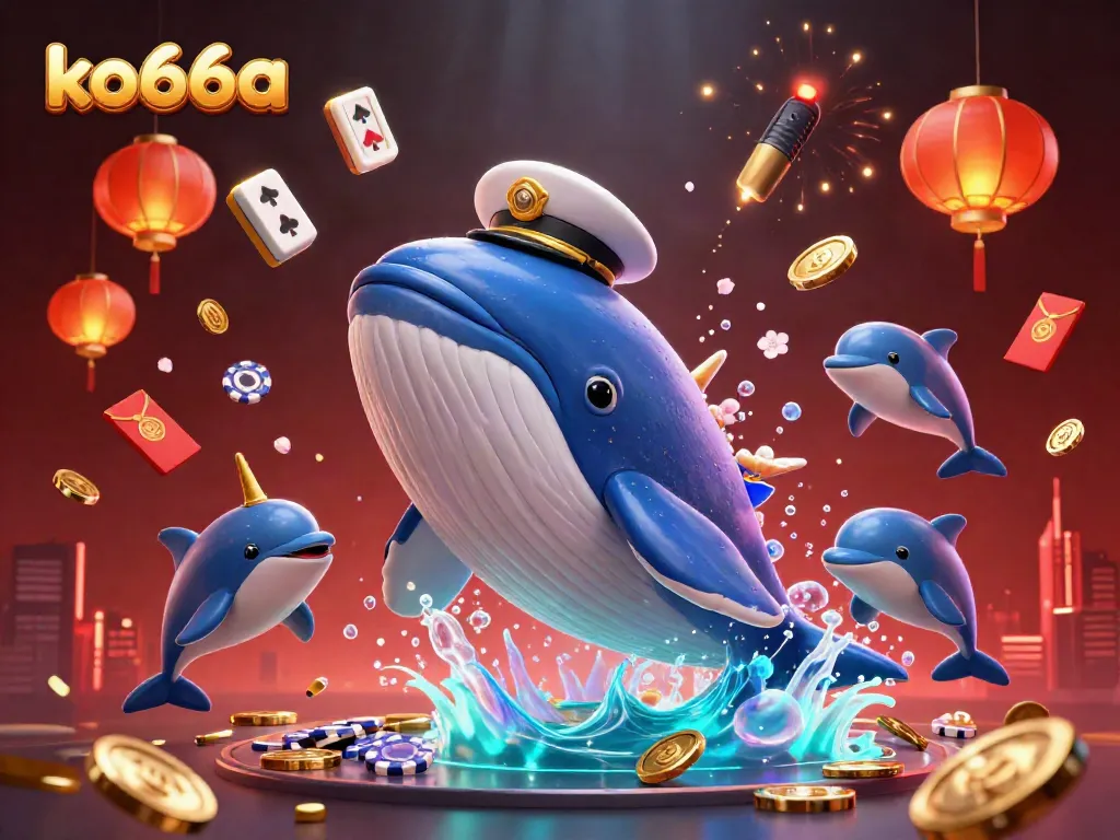 Engage in the thrilling world of ko66a with a vibrant illustration of a whale, narwhal, and dolphins amidst festive gambling elements.