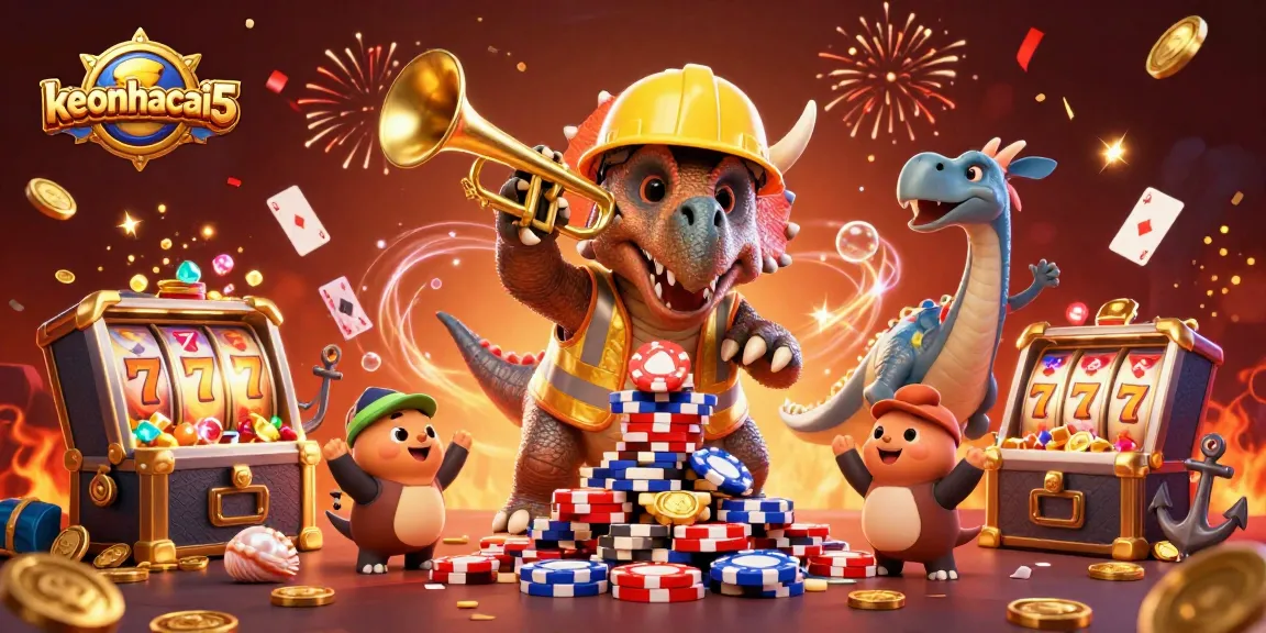 Win big with keonhacai5 in this vibrant casino-themed celebration illustration.