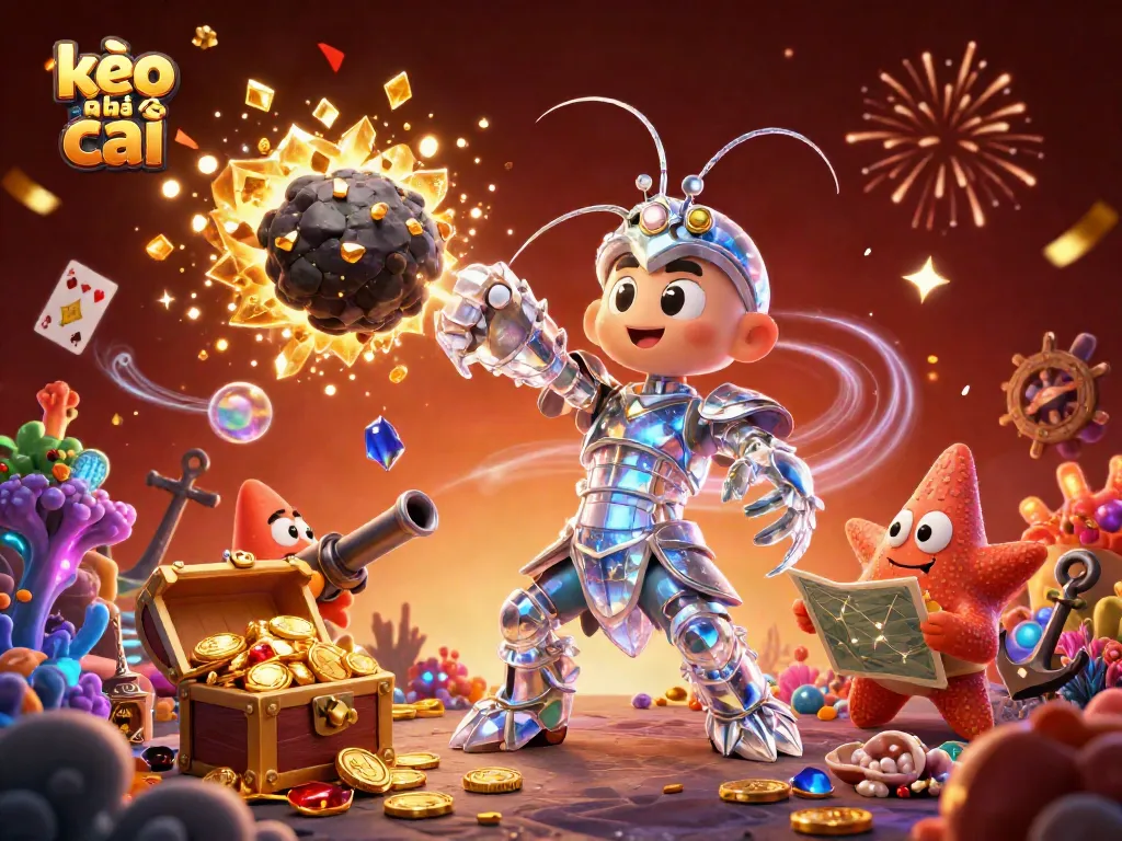 Engage with kèo nhà cái with this vibrant scene of a mantis shrimp in crystalline armor battling through an asteroid explosion of riches.