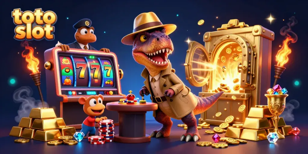 Engaging toto slot scene with a velociraptor at a slot machine table, emphasizing excitement and strategy.