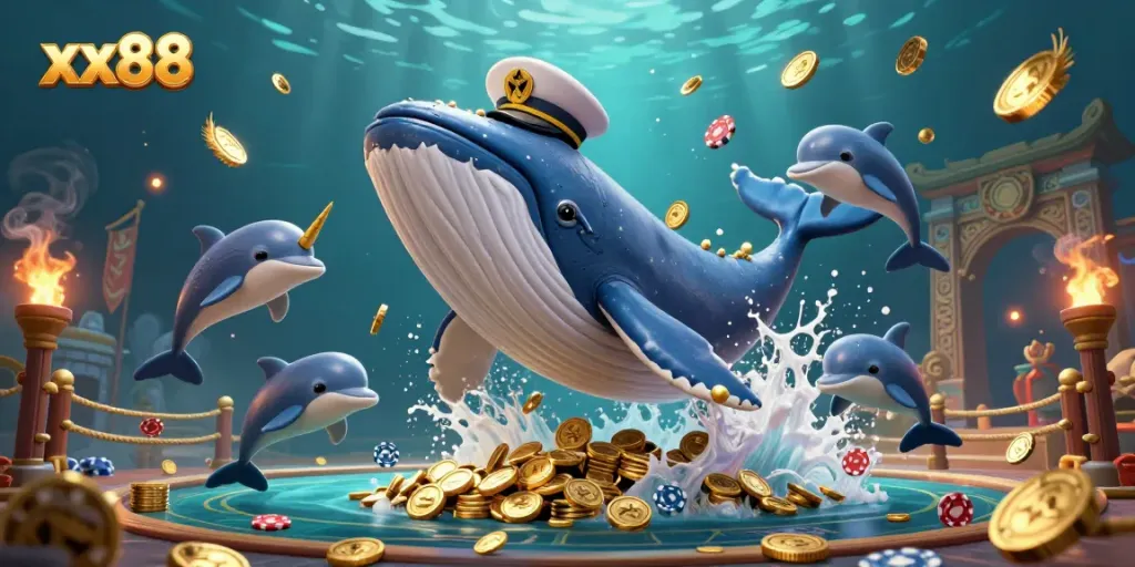 Experience thrilling gaming at xx88 with a whimsical whale amid coins and playful dolphins.