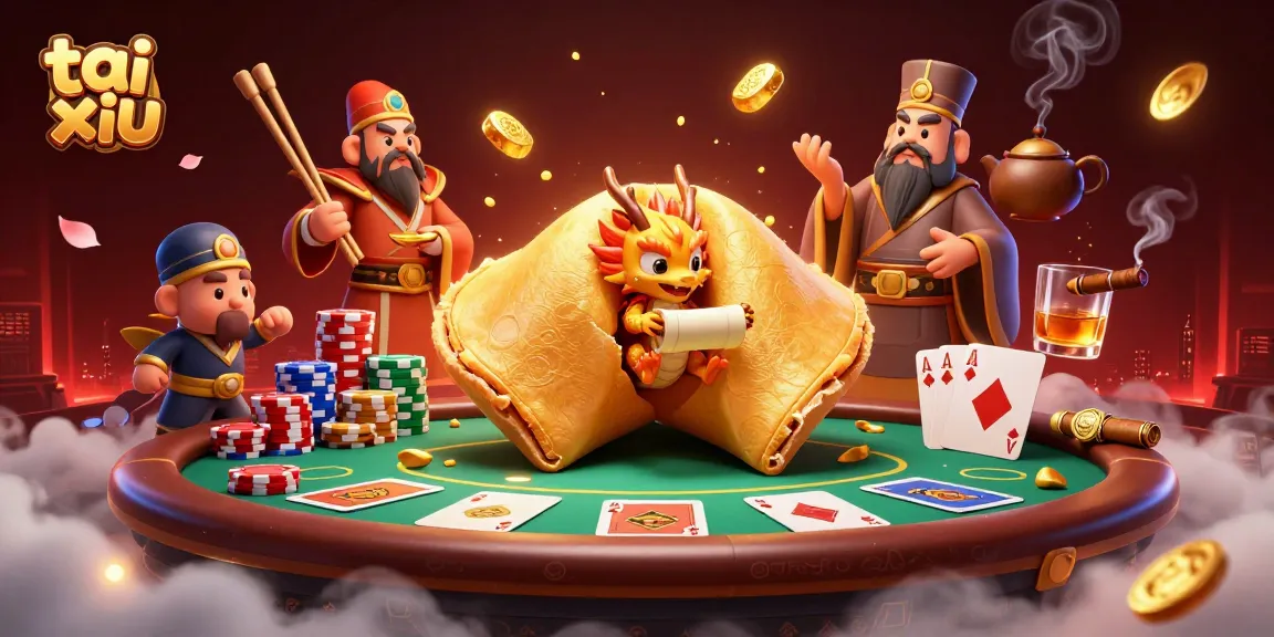 Experience the thrill of tai xiu with a vibrant 3D illustration of a fortune cookie, dice, and poker elements.