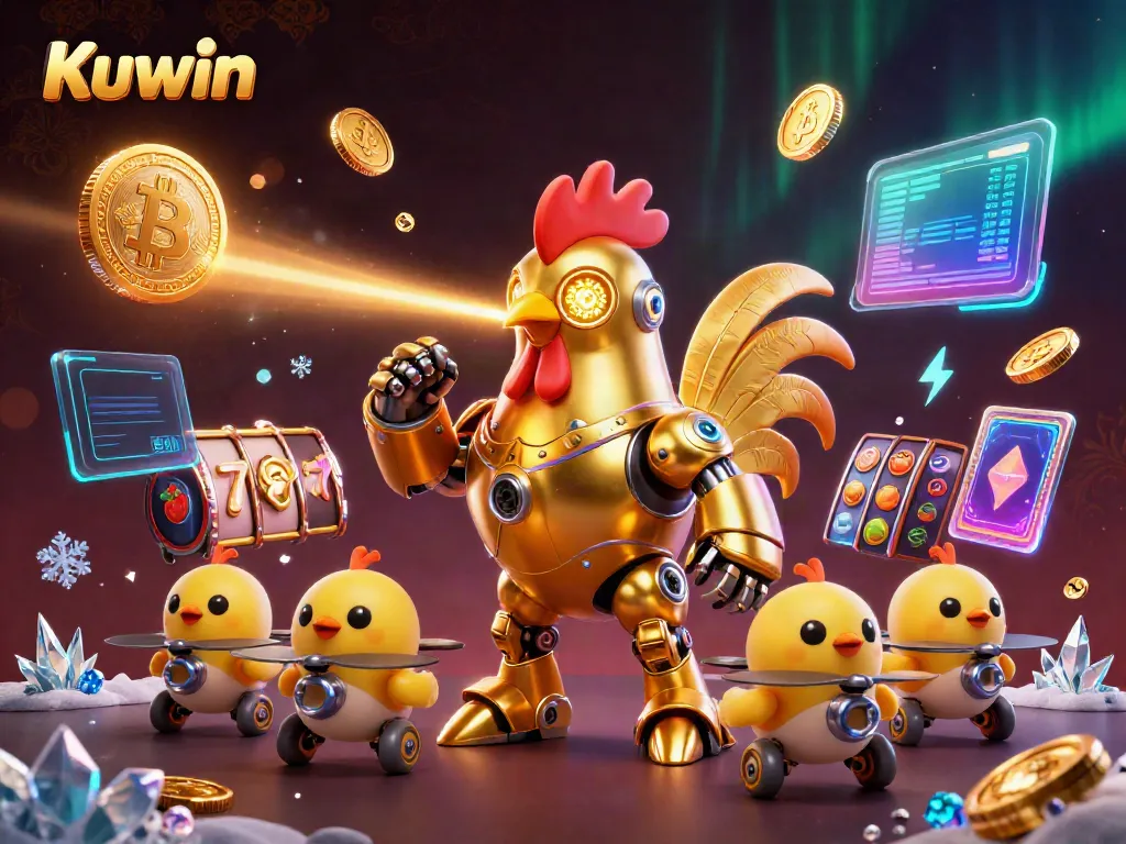 Experience thrilling gameplay at Kuwin with a lively scene featuring a golden rooster robot, golden coins, and slot reels.