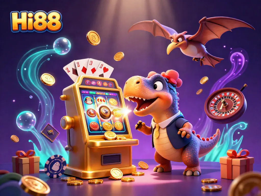Hi88 brings excitement as dinosaurs interact with casino games in a dynamic online gambling scene.