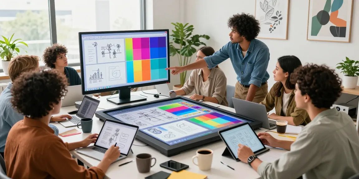 Team collaborating around a digital mix board in a modern office space.