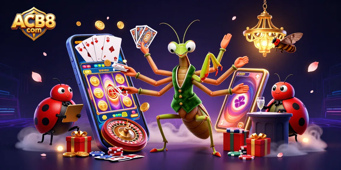 ACB8 com offers thrilling bets and slot games illustrated with a vibrant casino scene.