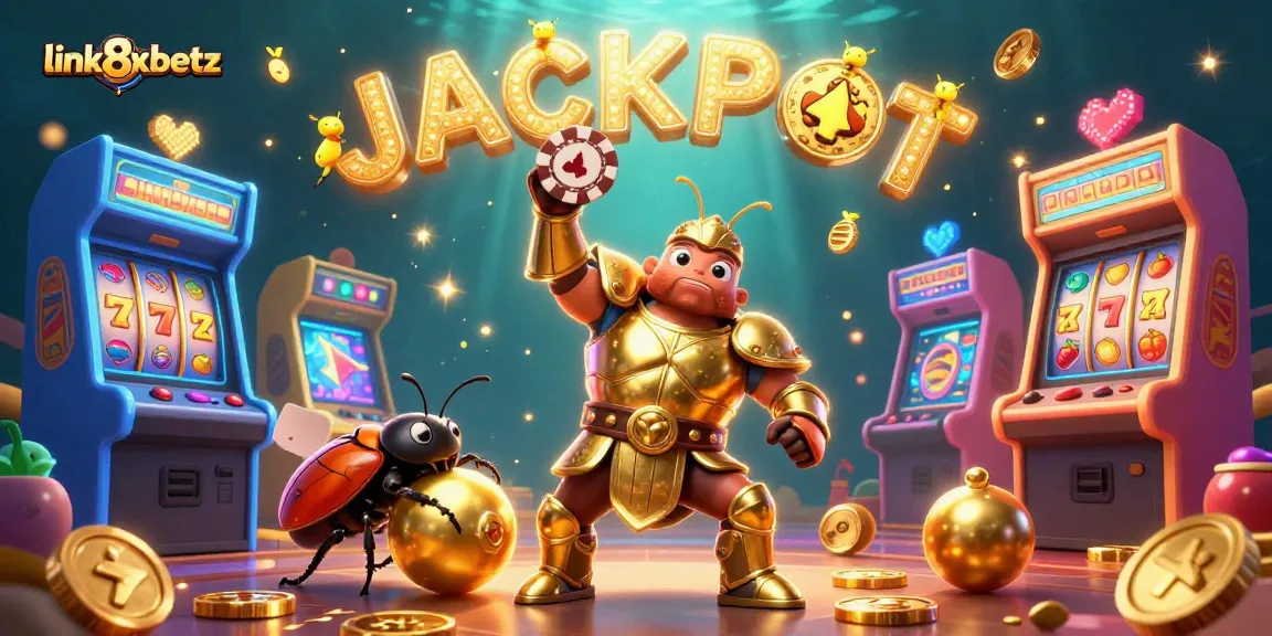 Experience thrilling wins with link8xbetz! A 3D illustration showcasing a hercules beetle triumphantly lifting a poker chip.