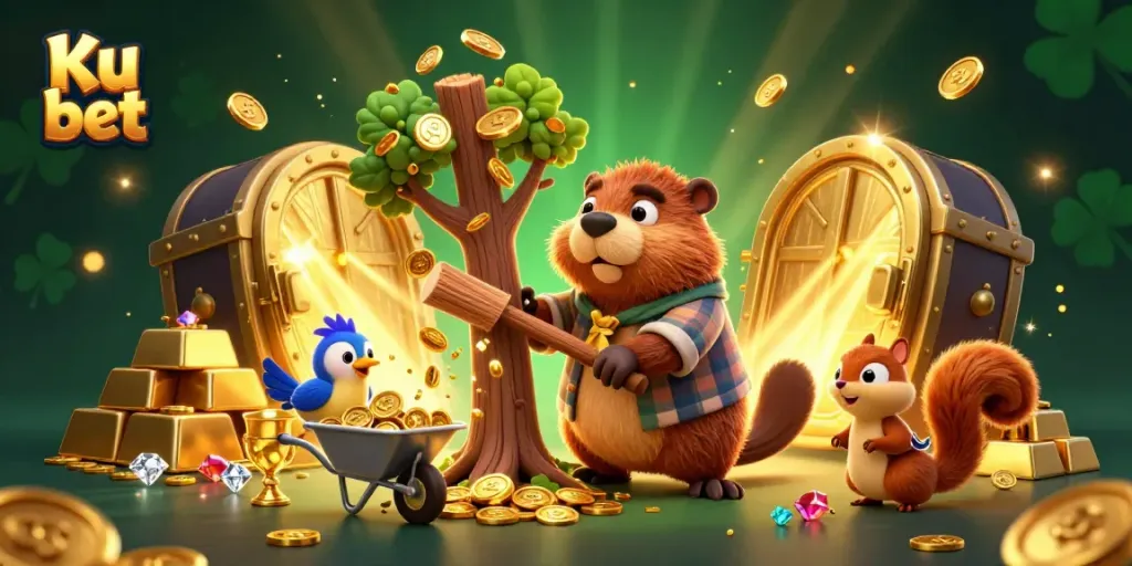 Enjoy thrilling wins at Ku bet, where a cartoon beaver collects gold coins in a vibrant casino scene.