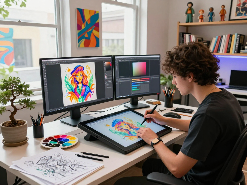 Artist creating vivid nsfw ai illustrations in a dynamic digital studio.