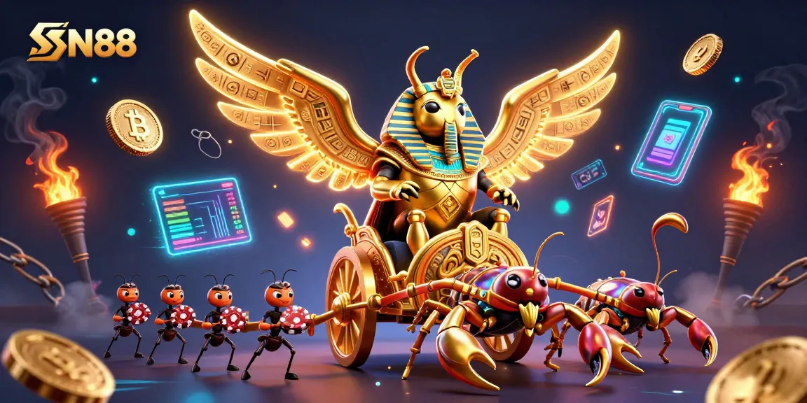 Experience thrilling gameplay with SN88 as a golden scarab leads the way through a vibrant casino world.