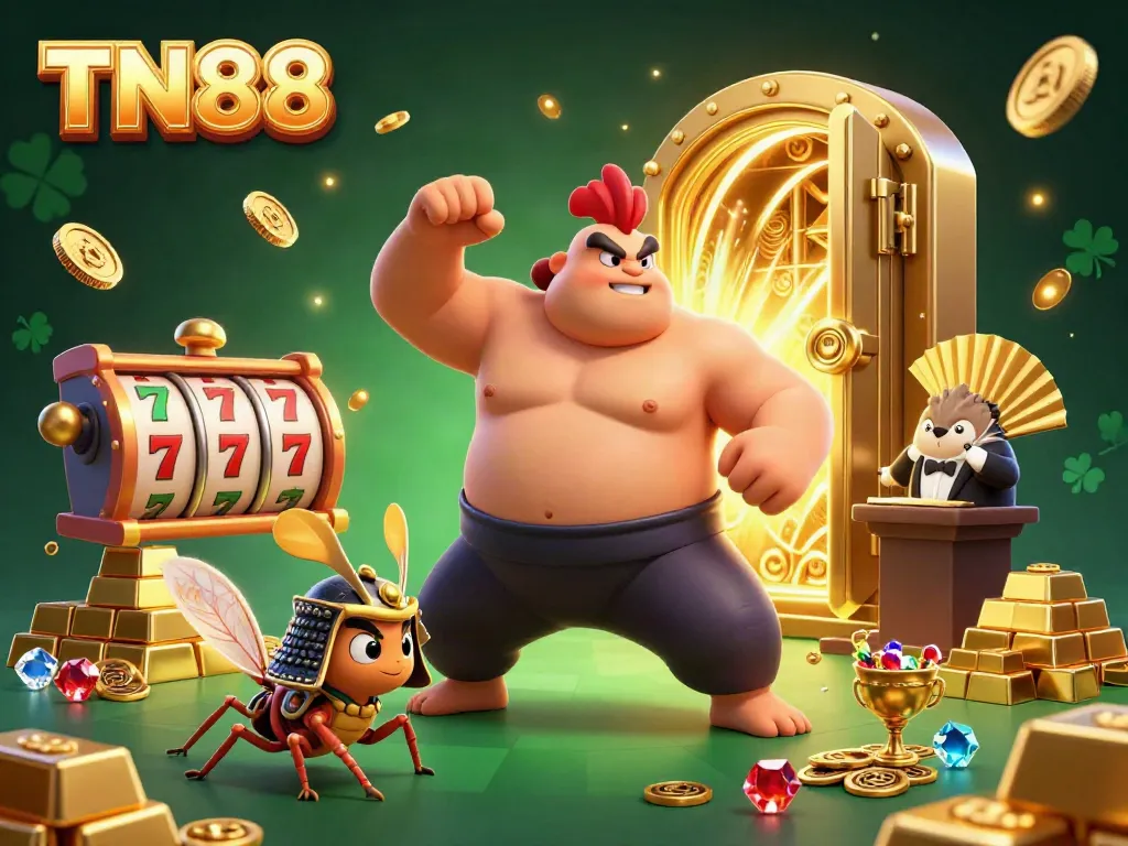Engage with the thrilling TN88 casino experience featuring a powerful sumo rooster and dynamic slot elements.