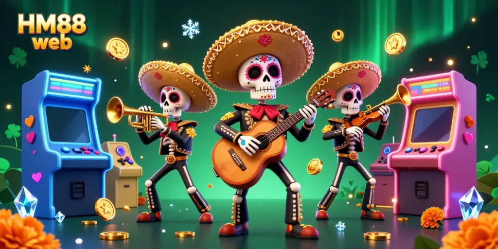 Experience thrilling games at HM88 web with colorful skeleton mariachi characters in a vibrant casino setting.