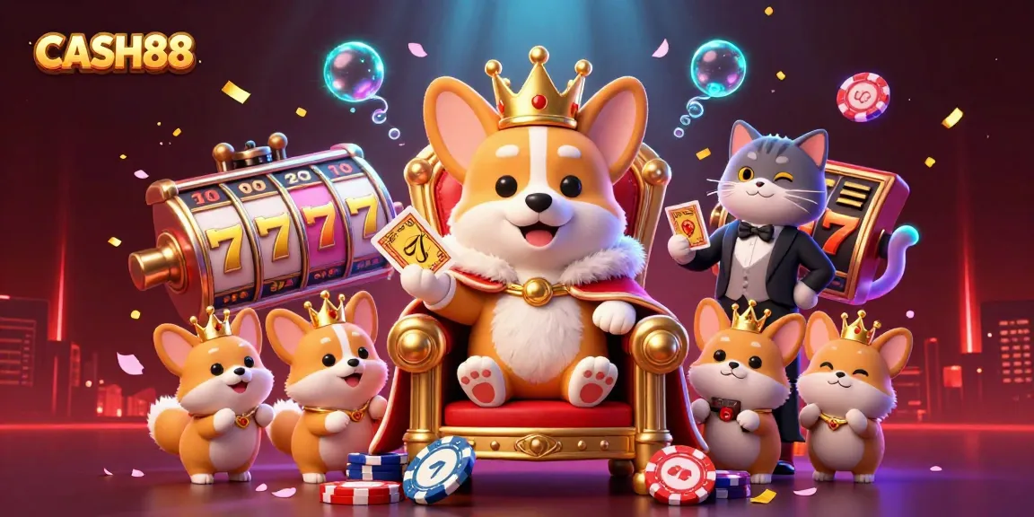 CASH88 offers an exhilarating gaming experience with royal corgis and vibrant slot machines.