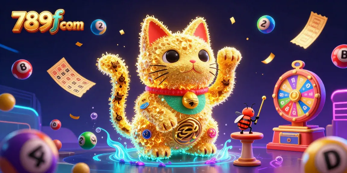 Experience vibrant wins at 789f com with a charming lucky cat illustration surrounded by colorful lottery elements.