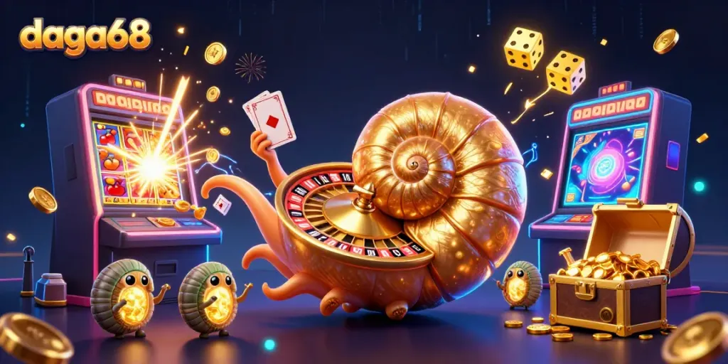 daga68 Casino Experience: Winning hands of cards and jackpot elements in a vibrant 3D digital illustration.
