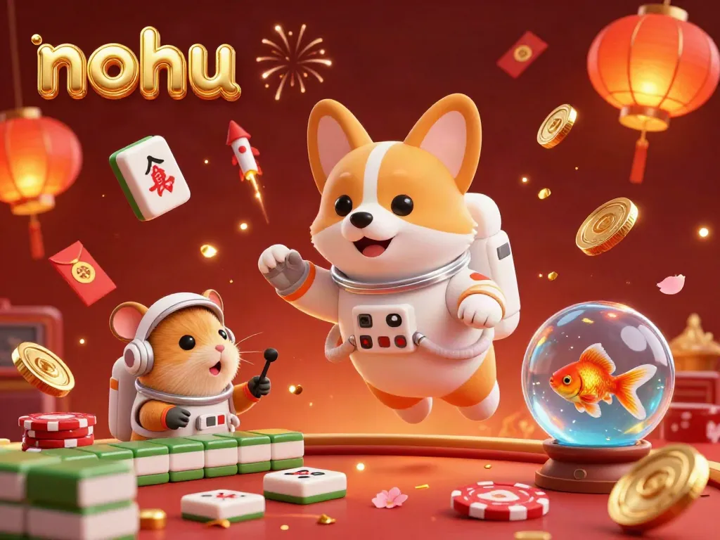 Nohu's vibrant casino scene features a floating astronaut corgi amidst drifting poker chips and golden coins.