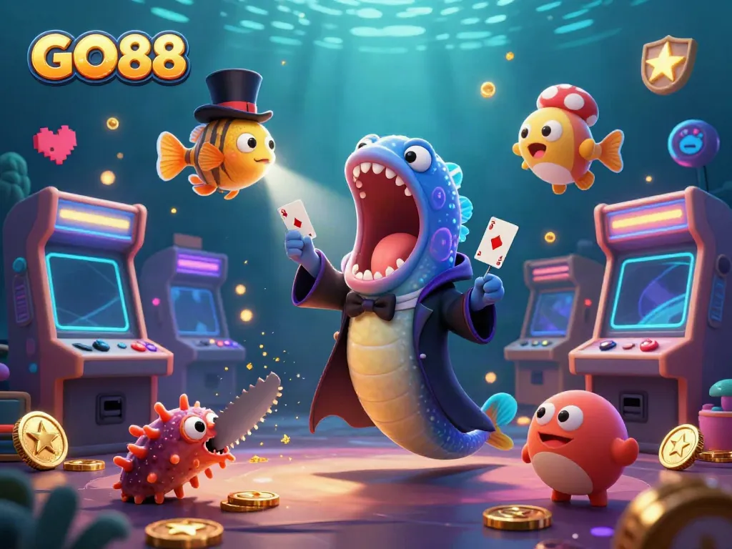 Engage in casino adventures with GO88, showcasing vibrant characters and arcade gaming elements.