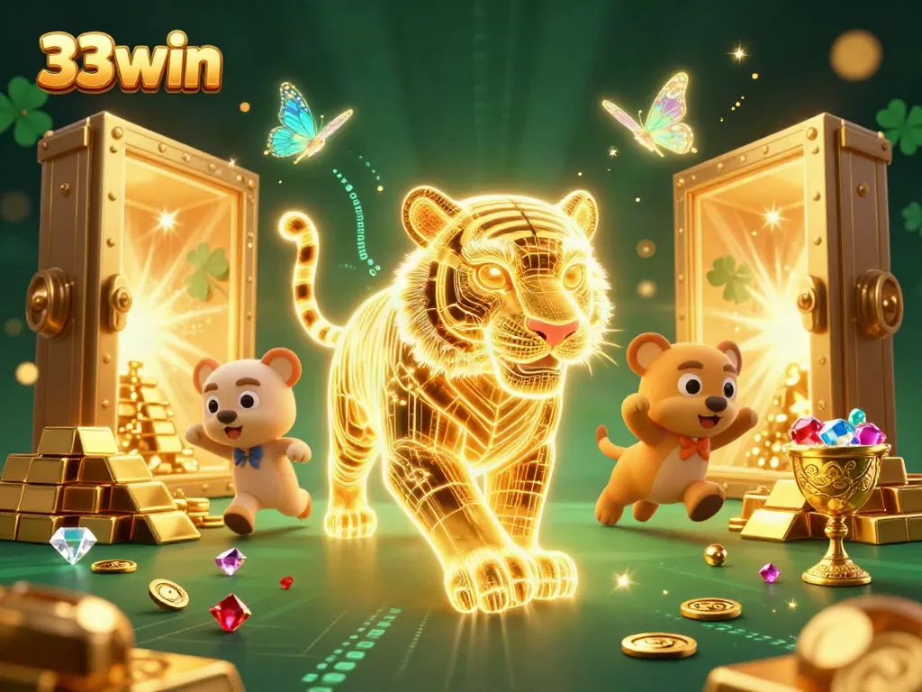 Experience thrilling 33win gaming with a luminous tiger in a dazzling casino filled with treasures.