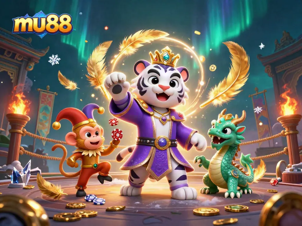 Playful scene at mu88 casino with a white tiger, monkey, and jade dragon in vibrant 3D artwork.