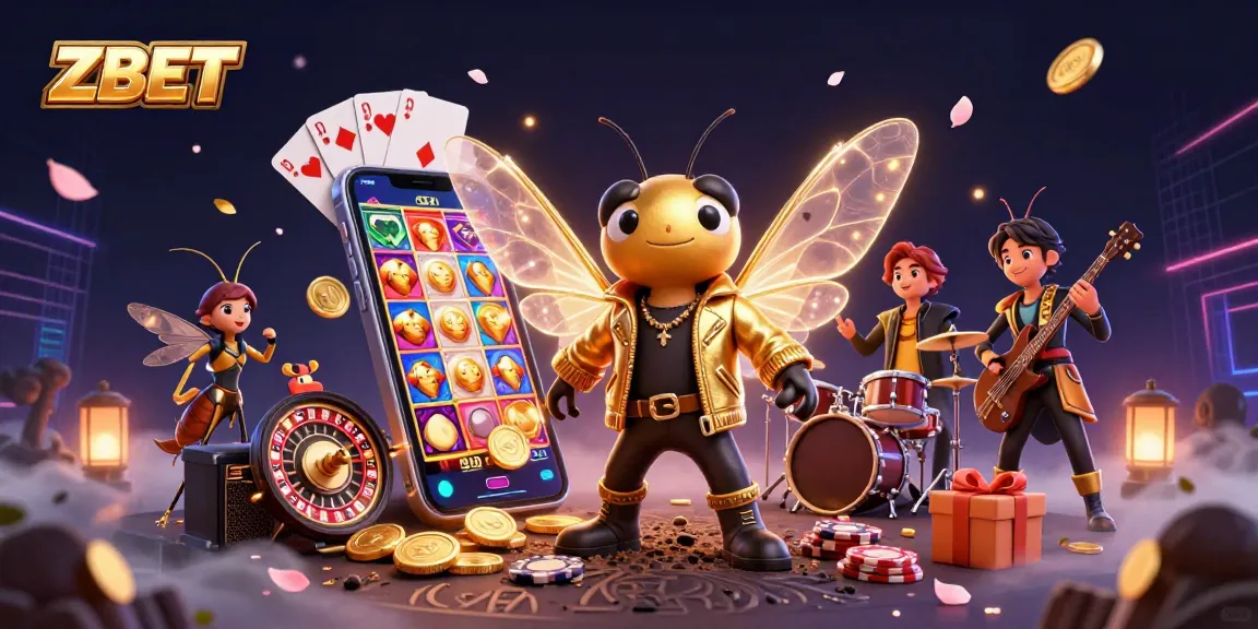 Experience vibrant ZBET gaming with a rock star cicada and dynamic casino elements.