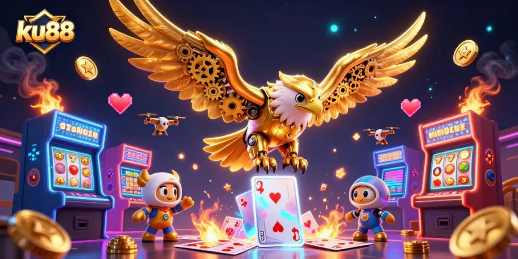 Engage with excitement at ku88, featuring a cybernetic eagle diving through cascading holographic cards in a casino-themed scene.