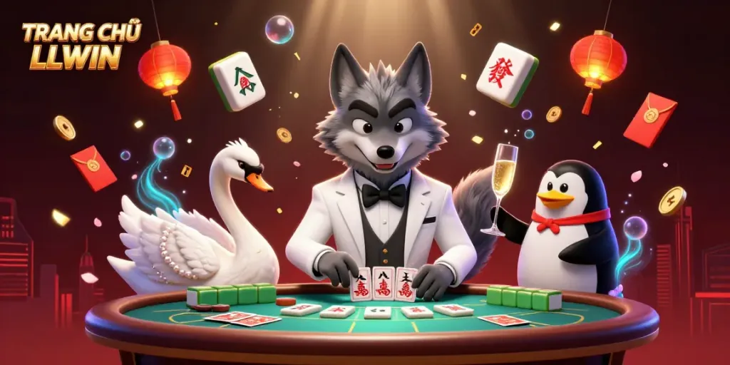 Experience TRANG CHỦ LLWIN with a wolf, swan, and penguin celebrate at a baccarat table.