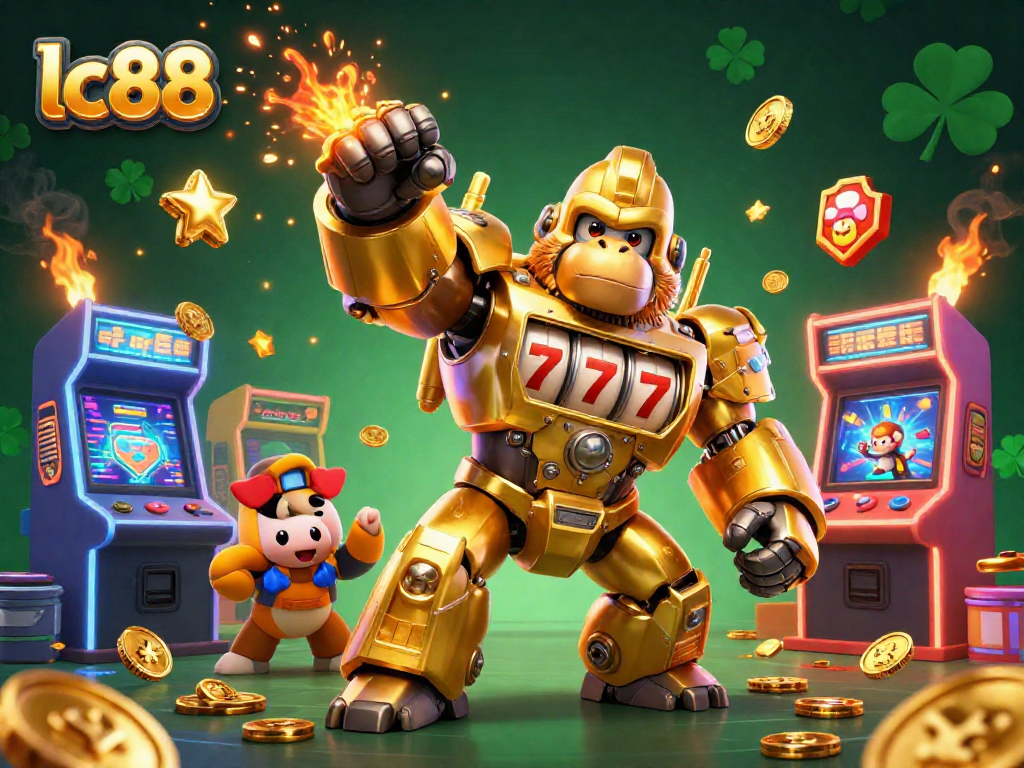 Experience the excitement of lc88 with a dynamic casino-themed 3D illustration featuring a golden gorilla mech.