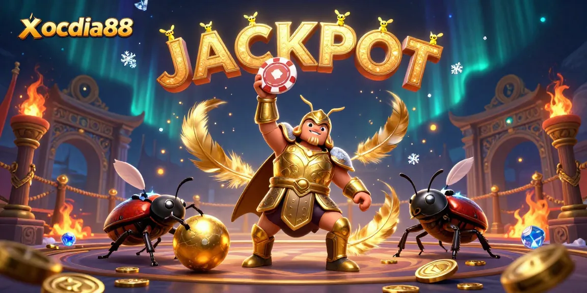 Xocdia88 launches a thrilling jackpot moment with a victorious beetle character celebrating the game.