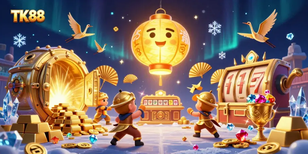 Engage in thrilling gameplay with TK 88, located within a vibrant digital casino scene filled with treasure.