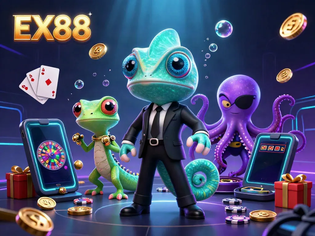 Join the thrilling action with EX88, featuring vibrant characters and casino games in a vivid illustration.