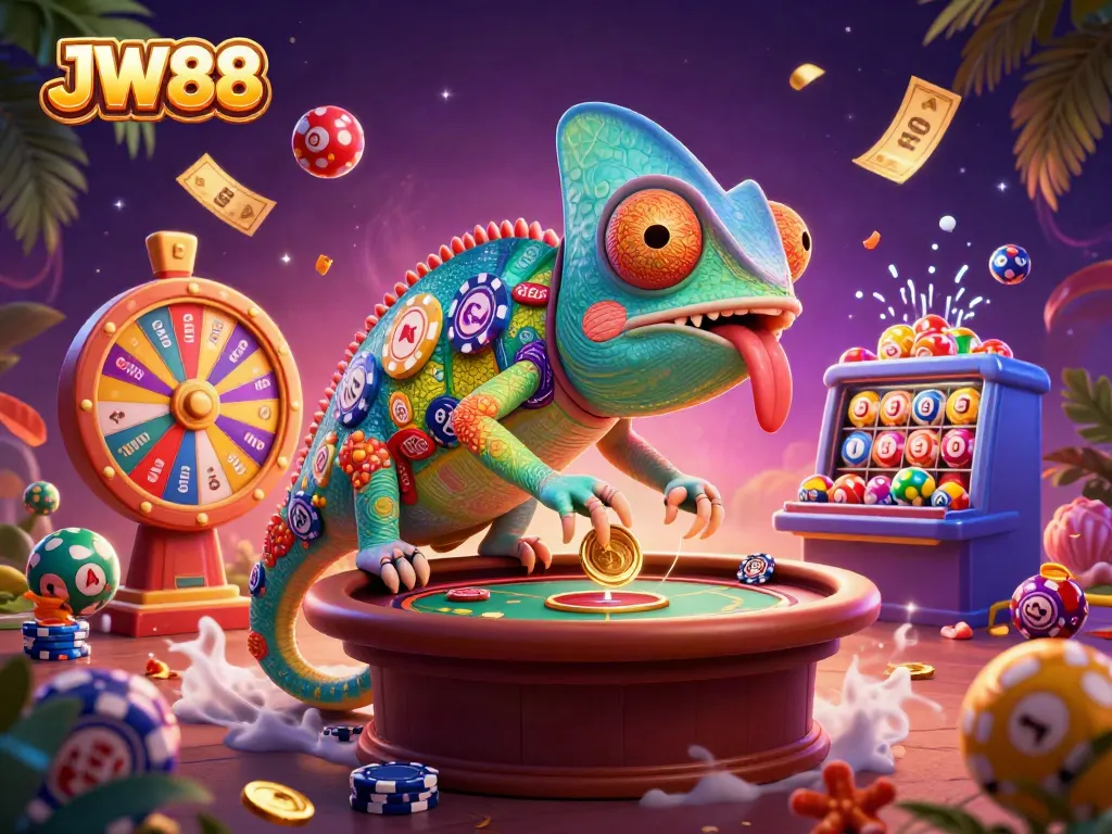 Engage in thrilling gaming with JW88's vibrant casino scene featuring exciting elements like lottery balls and golden tickets.