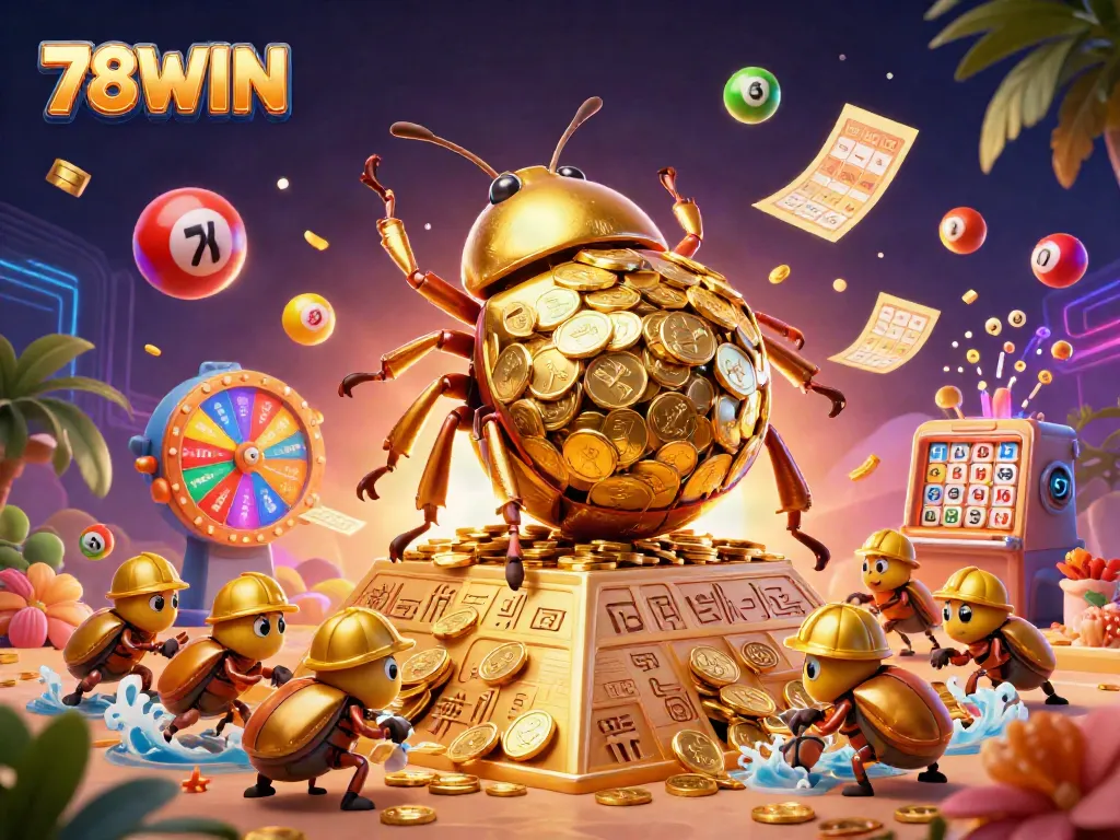 Experience the excitement of 78WIN with a vibrant 3D scene of casino elements and golden treasures.