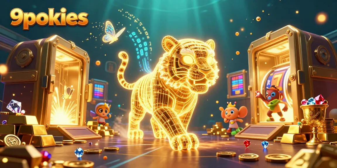 Experience the thrill of 9pokies with a golden tiger in an enchanting digital casino.