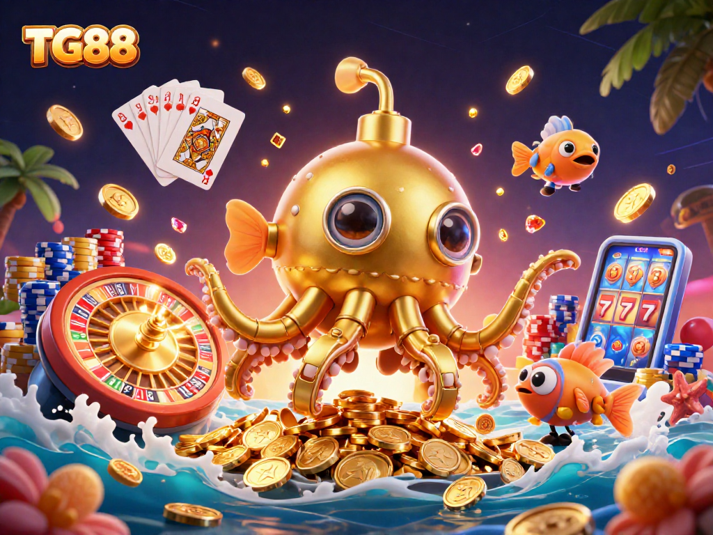 Experience the thrilling adventure of TG88 with a golden kraken submarine amidst cascading coins and vibrant casino elements.